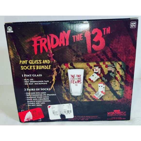 Friday the 13th 16 oz Pint Glass and 3 Pair of Crew Socks Bundle Jason Voorhees - Picture 2 of 7